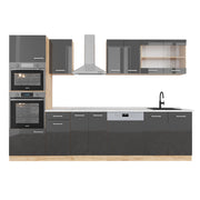 Cucina componibile R-Line Antracite lucido/Rovere dorato 300 cm con armadio alto, PL Marmo Vicco