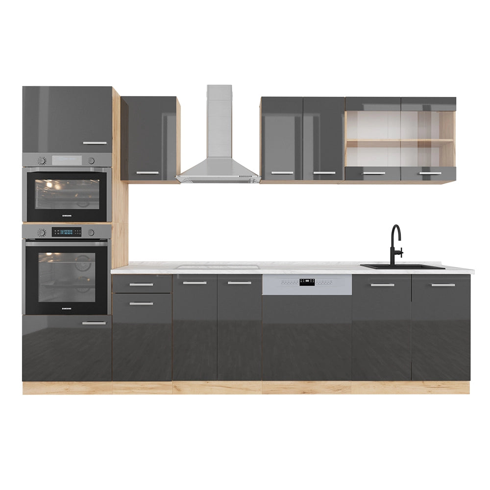 Cucina componibile R-Line Antracite lucido/Rovere dorato 300 cm con armadio alto, PL Marmo Vicco