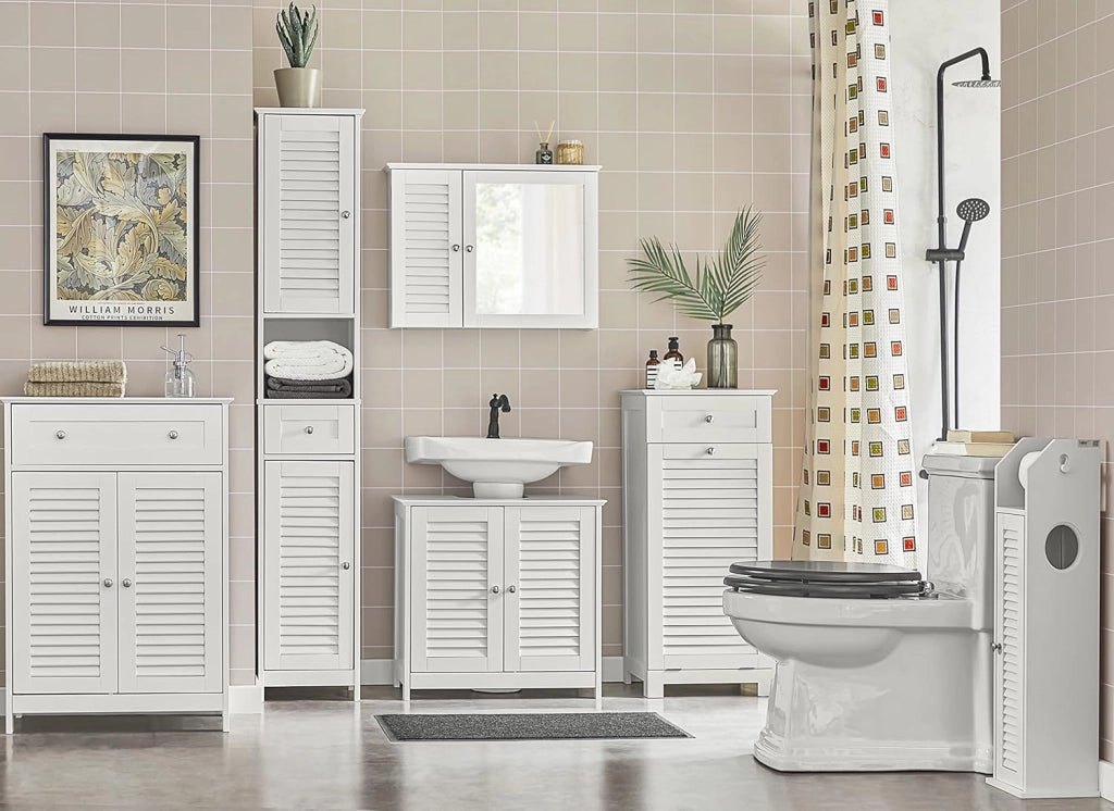 Pensile Bagno Mobile Bagno Sospeso con Specchio, 65 x 15 x 49 cm, Design 2 in 1, Soluzione Salvaspazio per Piccoli Bagni BZR55-W