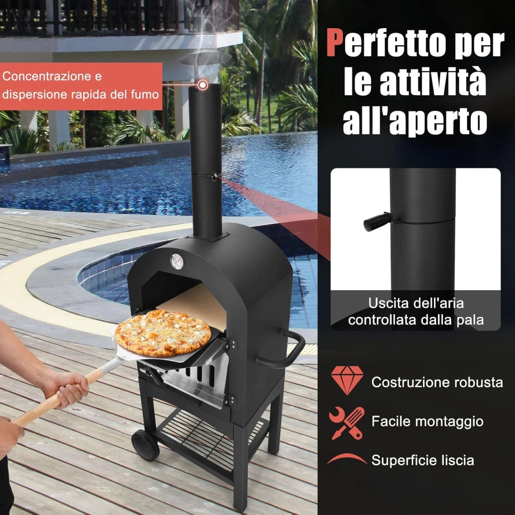 Forno per Pizza da Esterno con Ruote, Forno a Legna da Esterno con Copertura Protettiva, Pala per Pizza, Griglie e Pietra per Pizza, per BBQ, Campeggio e Festa (Modello 5)