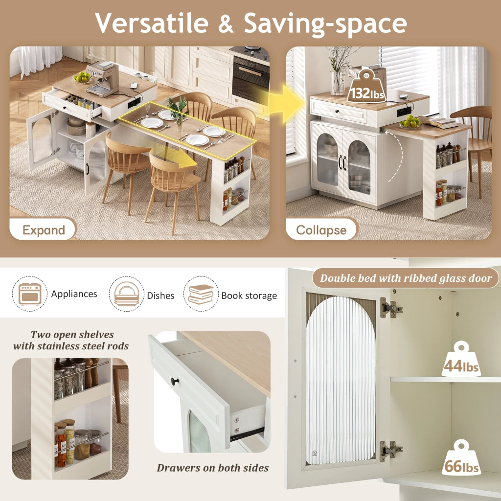 Tavolo allungabile con cassetto, vani aperti e led, per cucina e sala da pranzo, in MDF e vetro, bianco