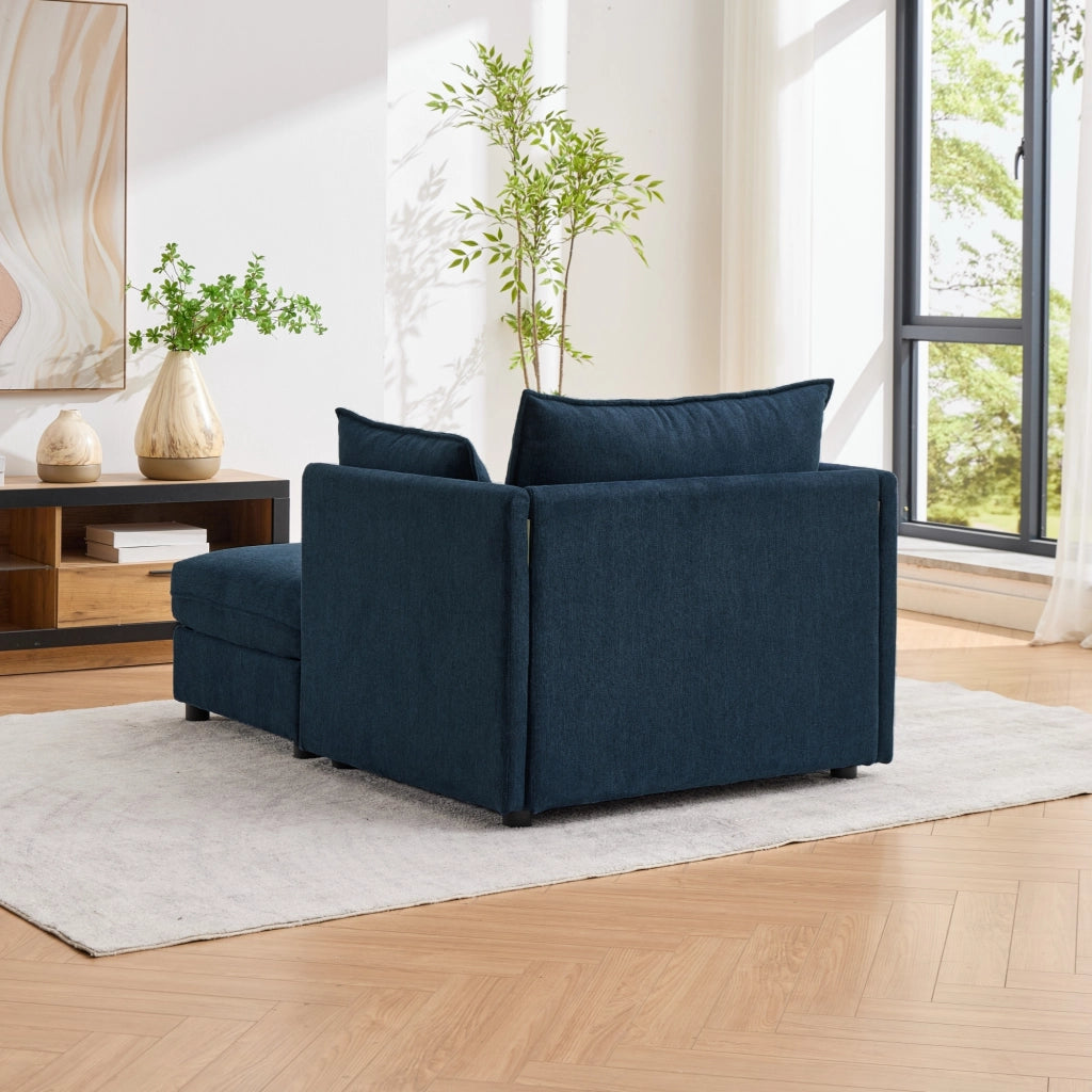 Poltrona lounge modulare in velluto blu con pouf contenitore separato