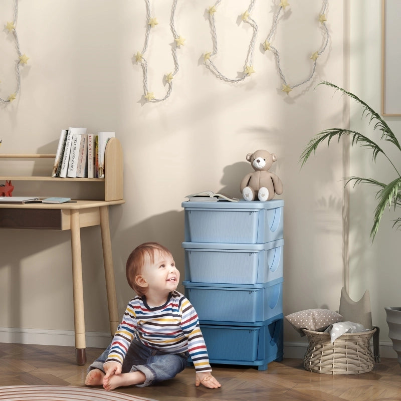 Scatole portaoggetti per bambini, 4 cassetti, bordi arrotondati, design in rilievo, in plastica, blu