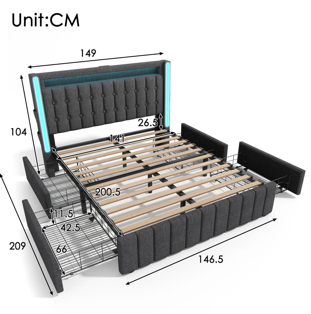 Letto matrimoniale 140x200 cm in lino grigio con USB; LED e 4 cassetti
