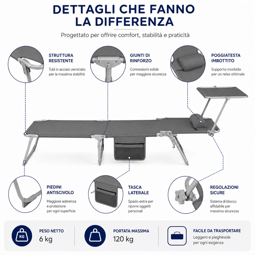 Lettino Pieghevole da Spiaggia Esterno Piscina Grigio Sdraio da Mare con Parasole