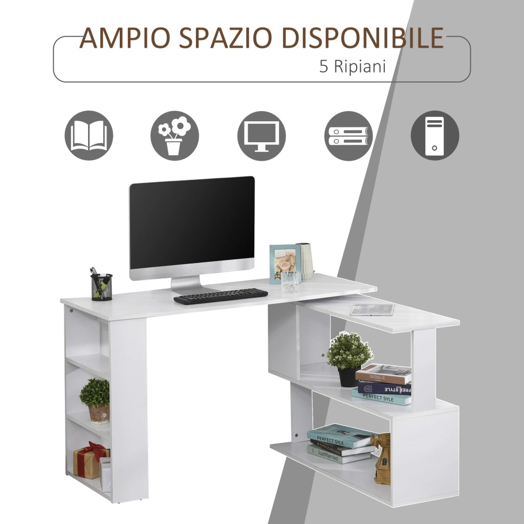 Scrivania ad Angolo con 5 Ripiani, 120 x 100 x 74.5cm, Bianca
