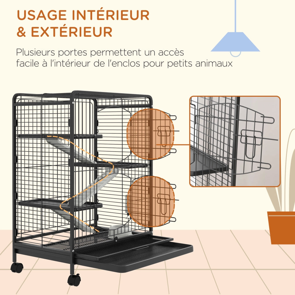 Gabbia per Animali Domestici con Ruote 3 Rampy 3 Piattaforme ¨C zephmum ¨C Nero Acciaio PP 61.5x44x95cm