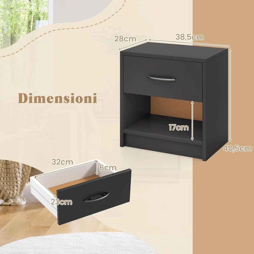 COSTWAY Comodino 38,5 x 28 x 40,5cm in Legno, Tavolino Salvaspazio con Scomparto Aperto e Casseto per Soggiorno e Camera da Letto (Grigio)