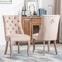 Set di 2 sedie imbottite per sala da Pranzo in Velluto con Schienale alto trapuntato a bottoni , 51x47x97 cm, Beige