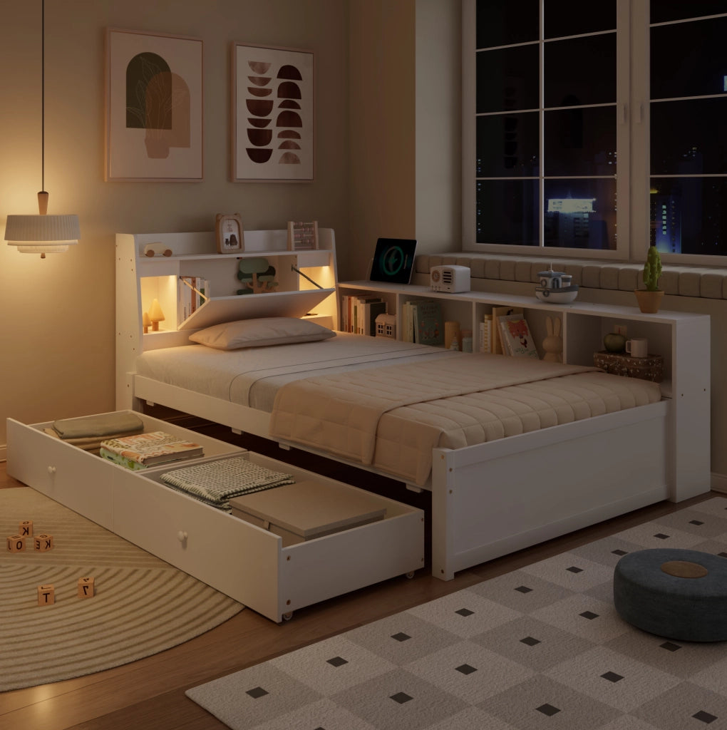 Letto singolo 90x200 cm bianco con luci, presa e cassetti
