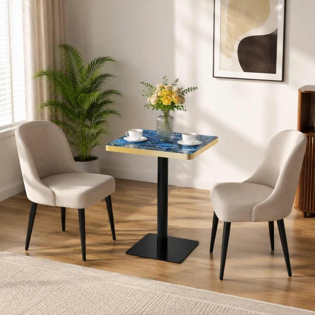Tavolo da pranzo quadrato con piano effetto marmo e bordo dorato, base in metallo, per 2-4 persone, blu, 60 × 60 cm