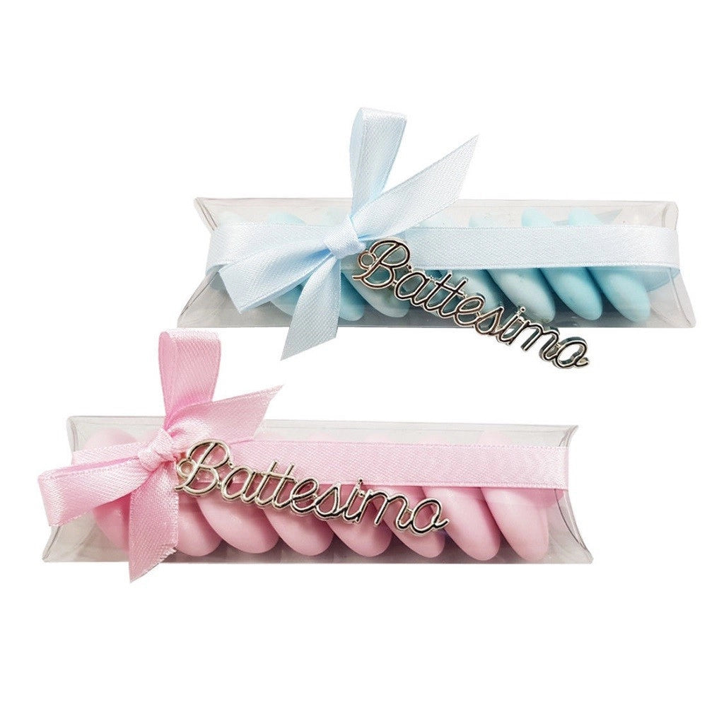 Trade Shop - Kit Bomboniera Per Battesimo 12 Tubi + 12 Targhette Nastro Bigliettini -