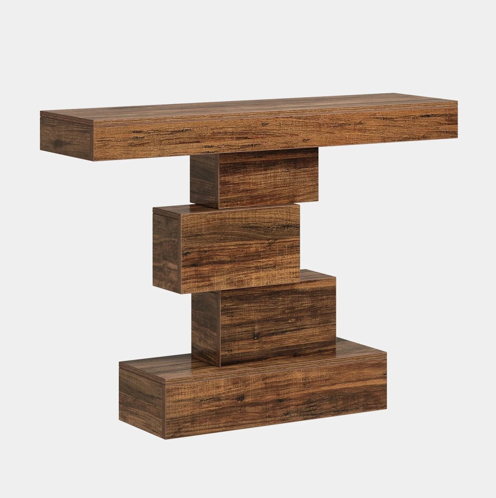 Consolle 108x30x80 cm marrone scuro, base geometrica, pannelli truciolari E1,