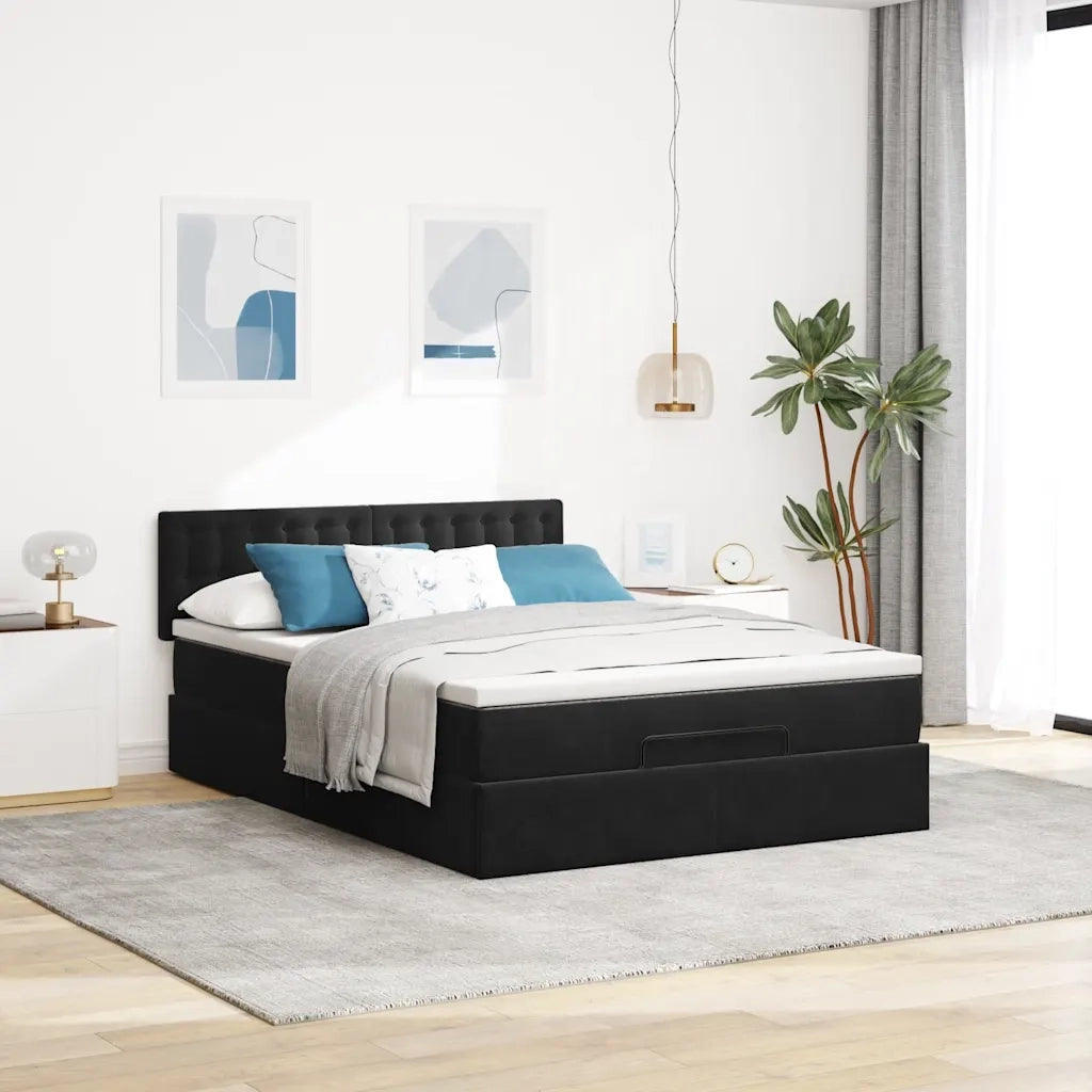 Struttura Letto Pouf con Materasso Nero 140x200 cm in Velluto