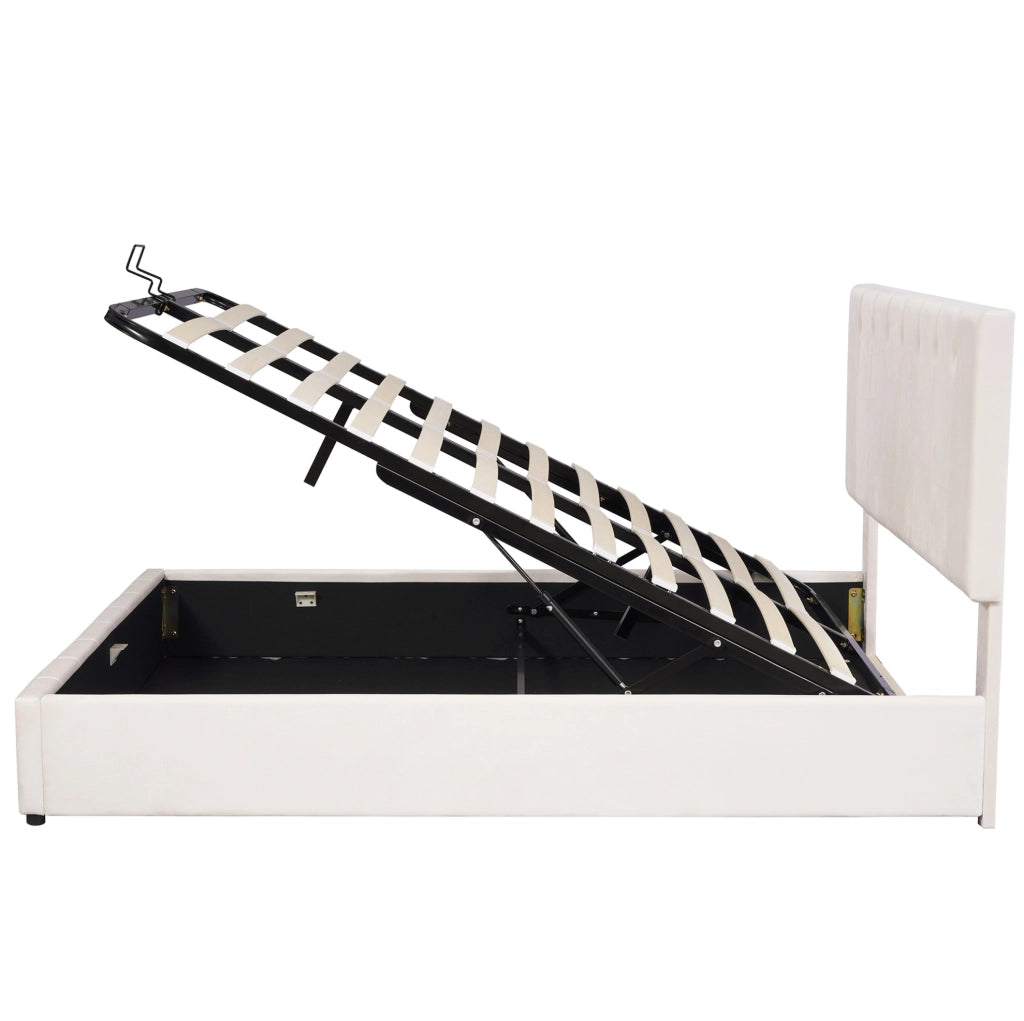Letto imbottito 140x200 cm; contenitore idraulico; velluto; bianco crema (Senza materasso)