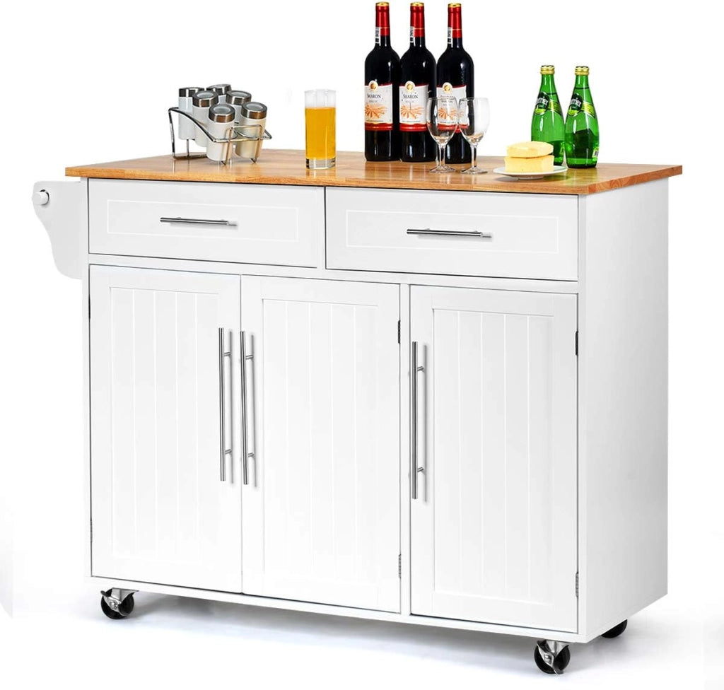 Carrello da Cucina, Carrello di Servizio con Ruote e Maniglia, 3 Ante e 2 Cassetti, Ideale per Cucina Ristorante Bar, 122x46x92,3 cm, Bianco