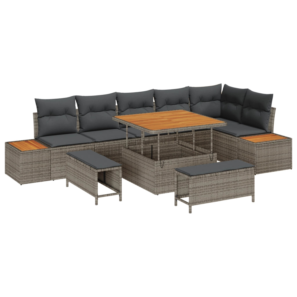 Set Giardino  9 Pezzi con Cuscini Grigio Rattan Polirene Acacia