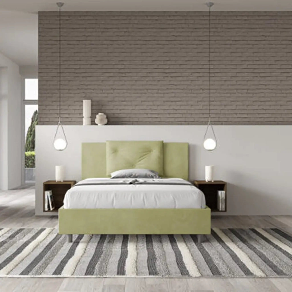 Letto matrimoniale francese con rete imbottito 140x200 microfibra tè verde Appia