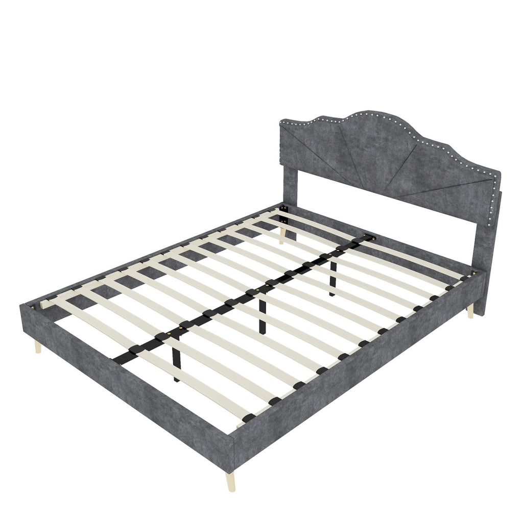 Letto 160x200 cm con testiera geometrica e rete a doghe; tessuto grigio