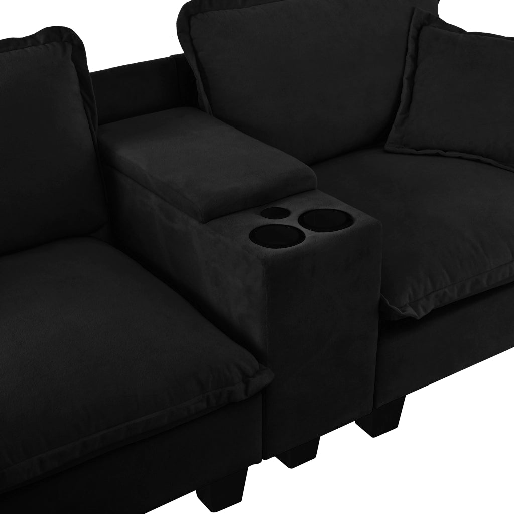 Divano modulare con USB; contenitore e portabicchieri - in chenille - nero - 224 × 82 × 90 cm