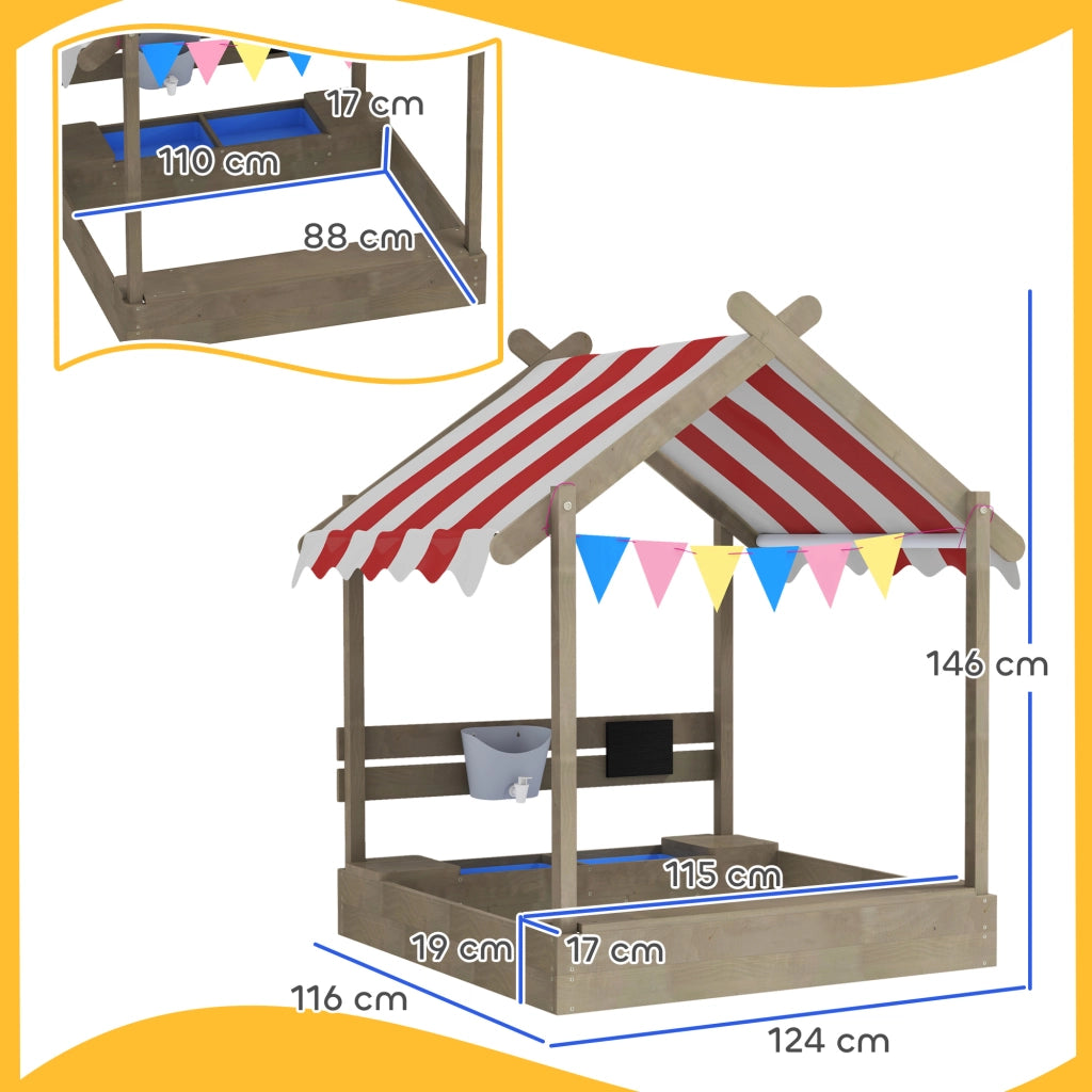 Casa di gioco per bambini con sabbiera e ombrellone ¨C zephmum ¨C 124x116x146 cm, legno massello, grigio
