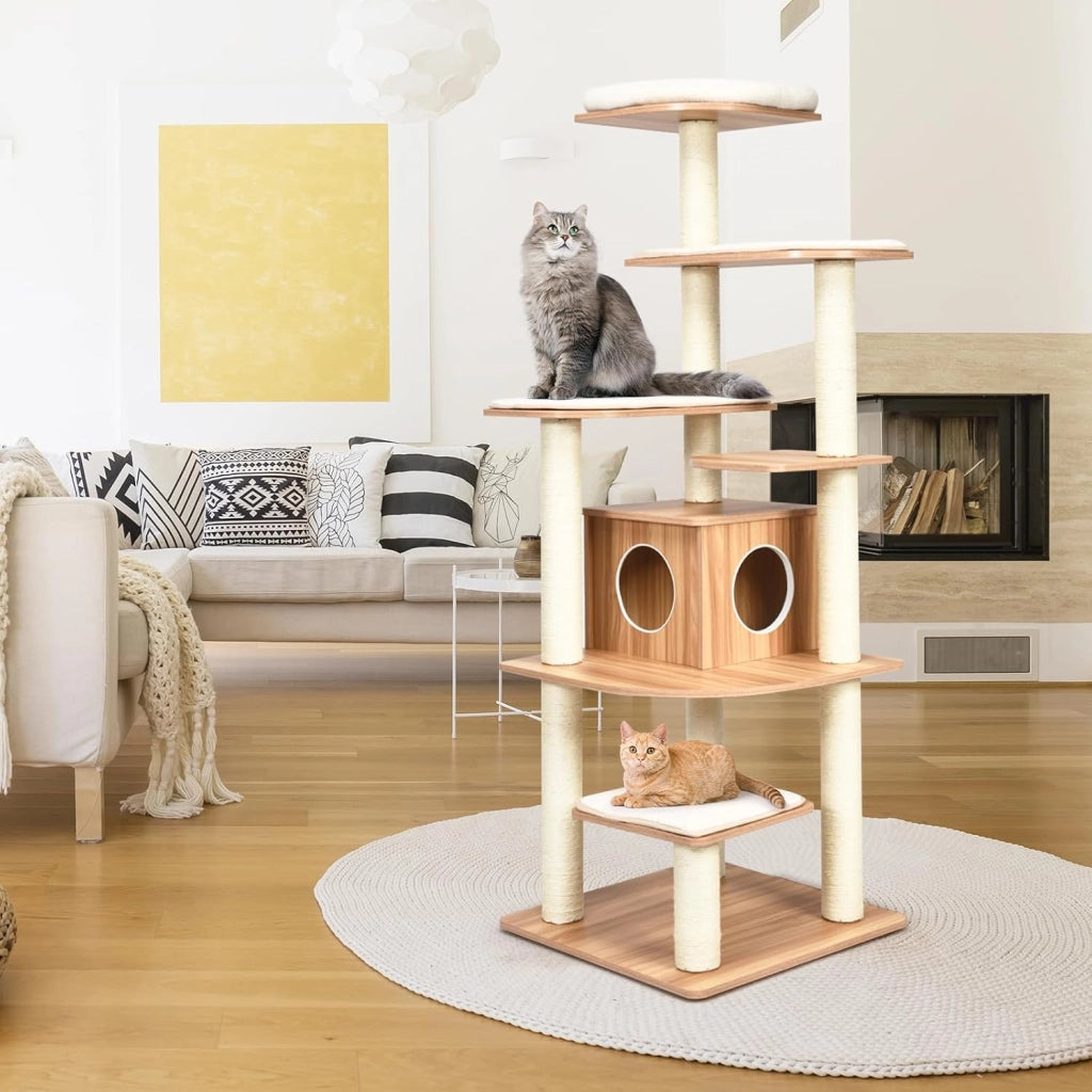 Tiragraffi grande 175 cm di altezza, robusto albero per gatti in legno, con 6 piattaforme, casetta per gatti e tronchi sisal, mobili per gatti, albero attività (naturale)