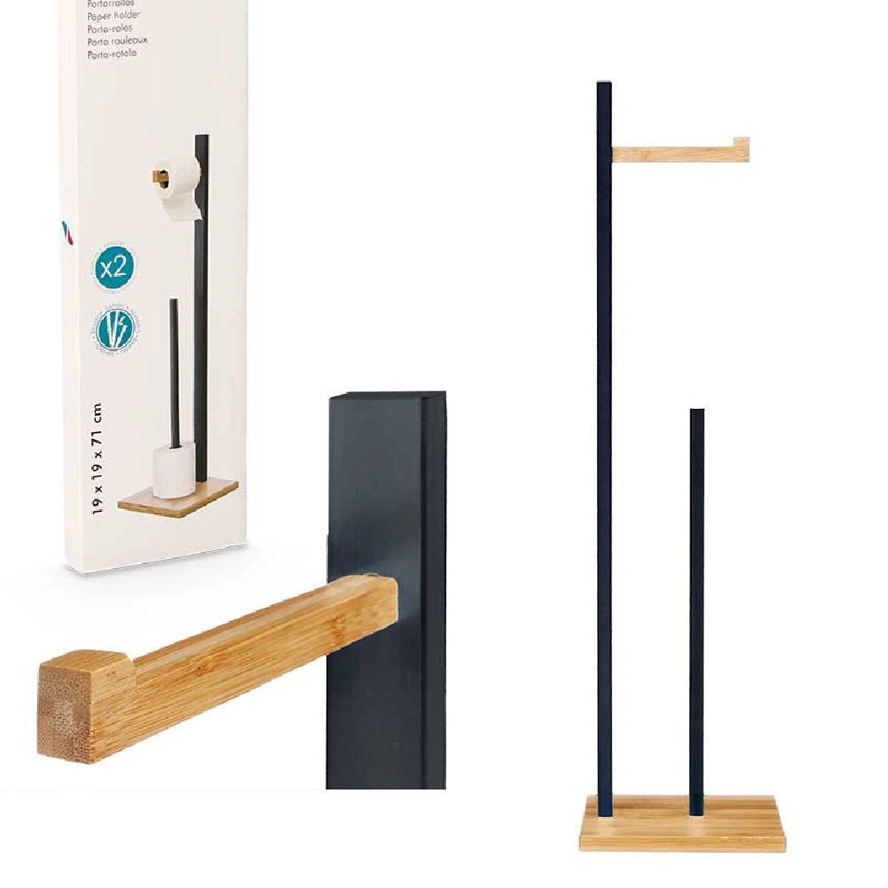 Piantana Bagno Porta Carta Igienica Legno Bambù Portarotoli da Terra Salvaspazio Nero