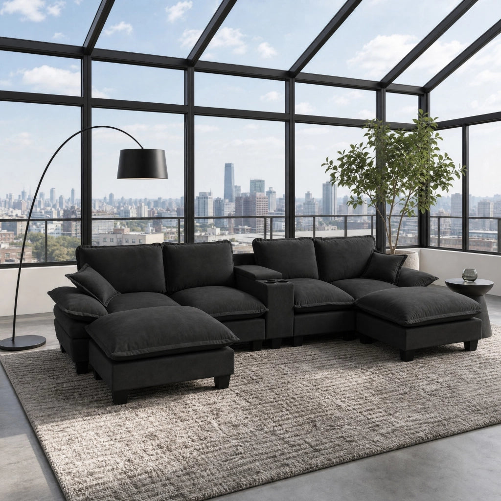 Divano modulare con contenitore; USB e portabicchieri - in ciniglia - nero - 362 × 151 × 90 cm
