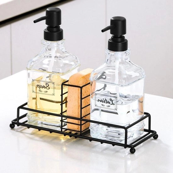 Set di rilascio sapone da 2 pezzi - Rilascio sapone da mano con vetro spesso - Supporto griglia in ferro robusto - Kit di rilascio sapone multifunzionale - Accessori decorativi per cucina e bagno eleganti