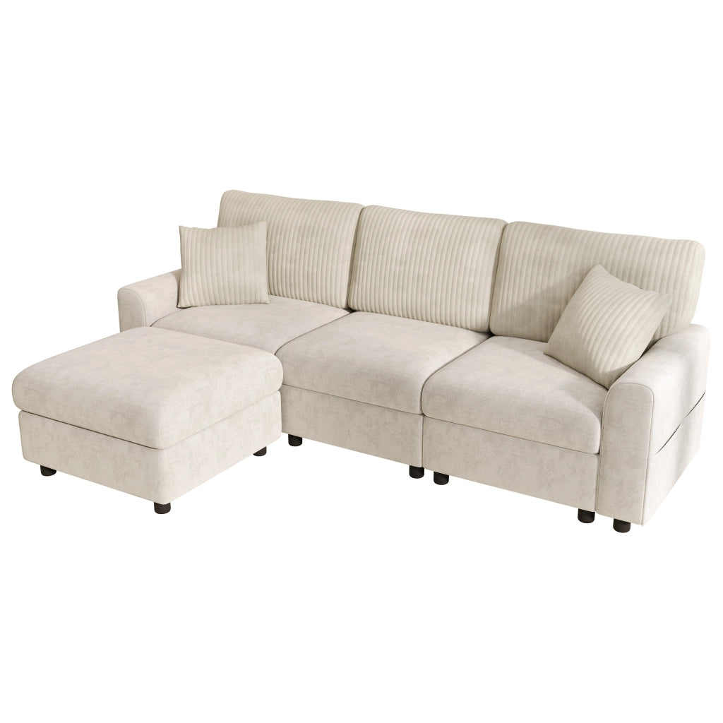 Divano moderno beige 223x146x84 cm in ciniglia e velluto a coste con pouf e porte USB