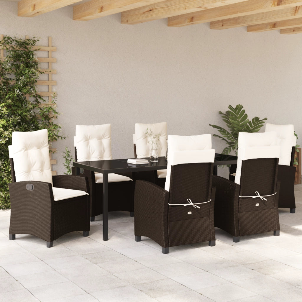 Set da Pranzo Giardino 7 Pezzi con Cuscini Marrone Polyrattan