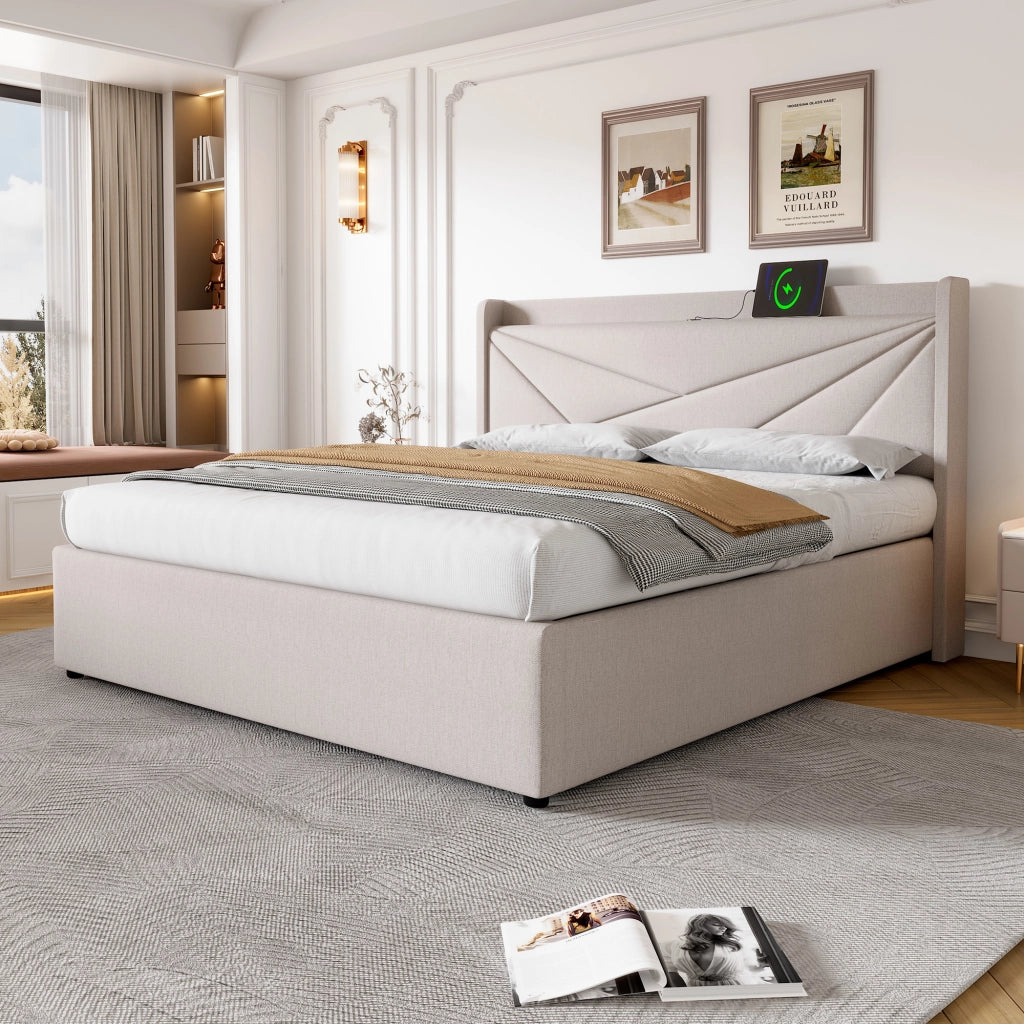OKWISH Letto Contenitore 140×200 cm, Letto Matrimoniale con Contenitore, USB, Tipo C e Testiera, senza Materasso, in Lino Cotone, Beige