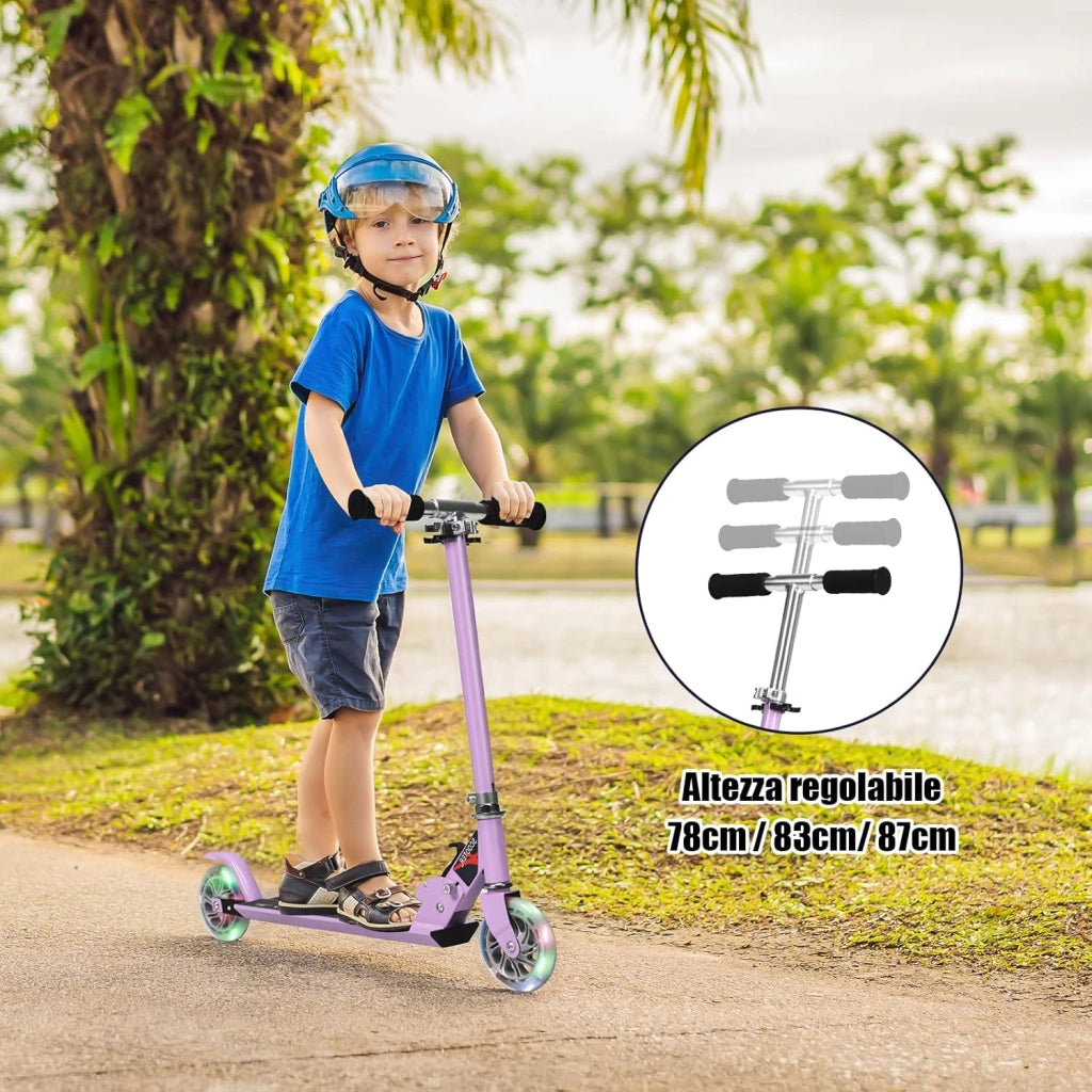 Scooter pieghevole Monopattino per bambini, regolabile in altezza, con 2 ruote lampeggianti, Scelta a colori (Viola)
