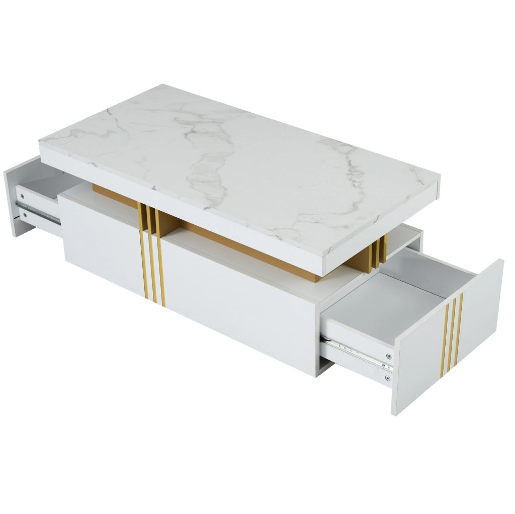 Tavolino da caffè bianco 100x50x40 cm con 2 cassetti e piano marmorizzato
