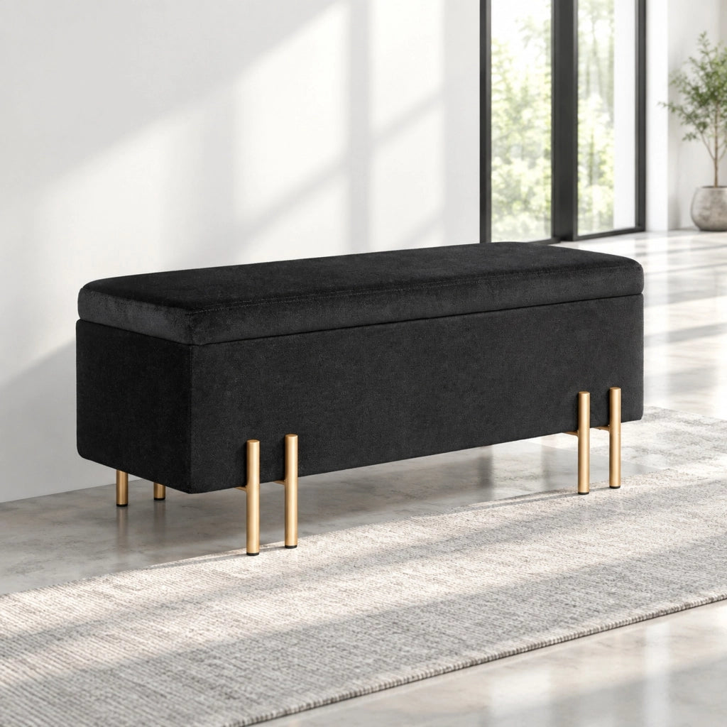 Panca contenitore 100x40x42 cm nera in tessuto e metallo per ingresso