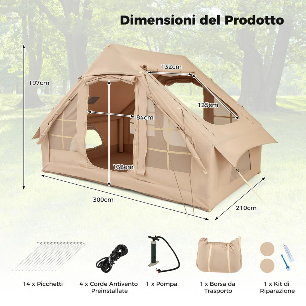 Tenda gonfiabile per 4-6 persone con 4 finestre a rete e prese d'aria superiori, Grande tenda da campeggio per pesca Beige-Tende