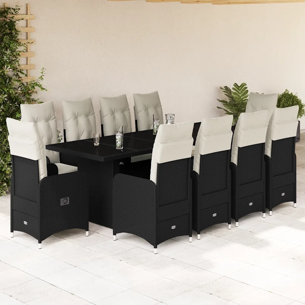 Set da BistrÃ² da Giardino 11 pz con Cuscini Nero in Polyrattan