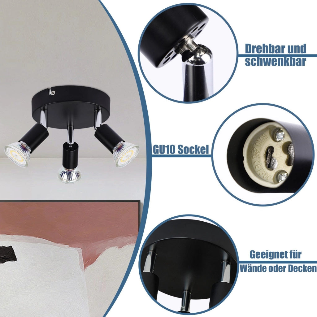 ZMH Faretto da soffitto neri 3 luci GU10 regolabili stile industriale metallo per cucine camere letto sale pranzo
