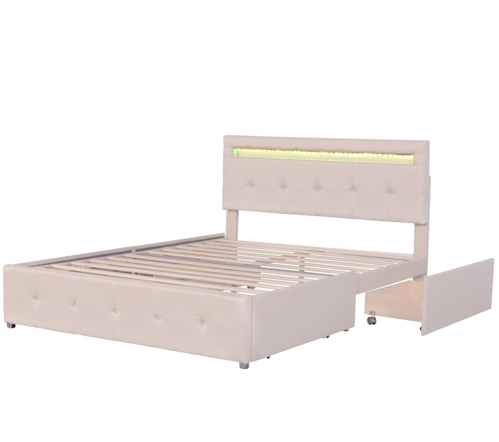 Letto Imbottito con LED, Contenitore e Testiera ¨C MINIMAL ¨C 140x200, Beige, 4 Cassetti