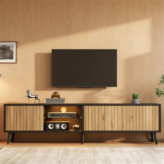Mobile TV LED con Vetro Temperato ¨C MINIMAL ¨C Nero/Naturale, 175x31x43.5 cm, 6 Gambe, per 75 Pollici