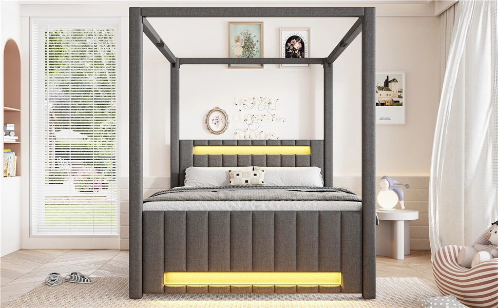 DESMIU Letto combinato 140 × 200 cm 2 posti con letto estraibile, 3 cassetti, LED, senza materasso, grigio