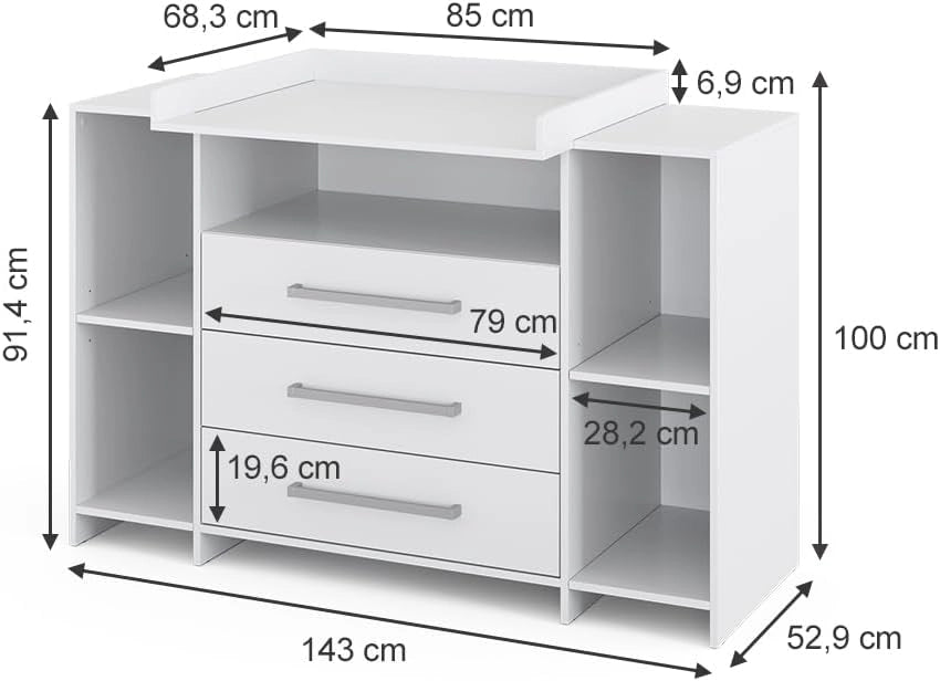 Fasciatoio Oskar, Bianco, 143 x 100 cm XL con cassetti, adatto come fasciatoio con area di appoggio estensibile