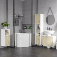 kleankin Colonna Bagno con 2 Ripiani Aperti e 2 Armadietti in Truciolato, 31.5x30x169 cm, Bianco e color Legno