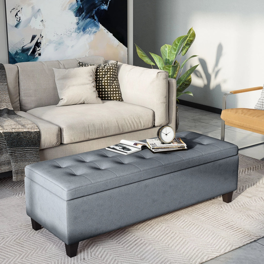 Panca imbottita con vano contenitore, effetto lino, colore grigio, 125 x 49 x 41,5 cm