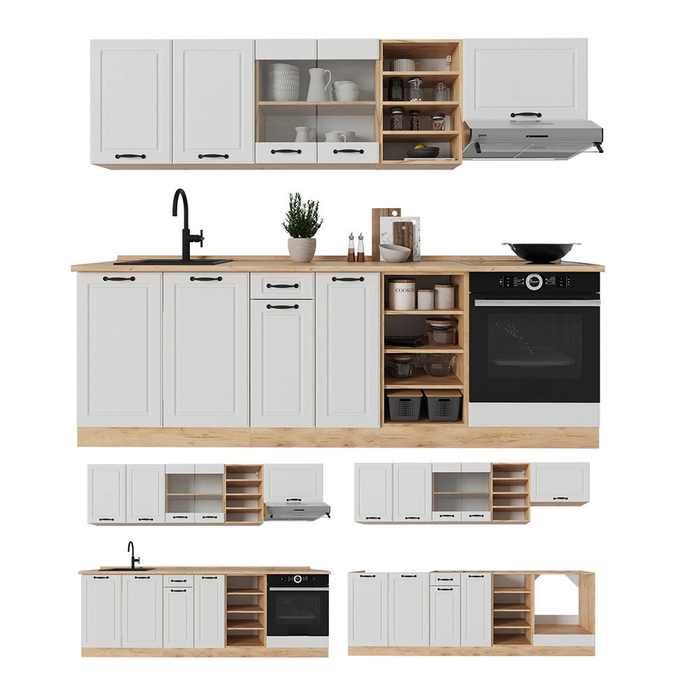 Cucina componibile R-Line Bianco rustico/Rovere dorato 240 cm, PL Marmo Vicco
