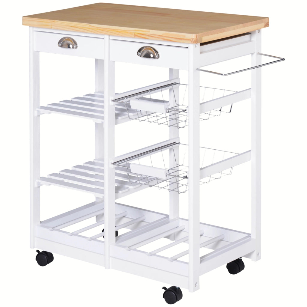 Carrello Cucina Multiuso ¨C Xylo ¨C Legno Pino Bianco 2 Cassetti 2 Ripiani 2 Cesti 74x37x76 cm