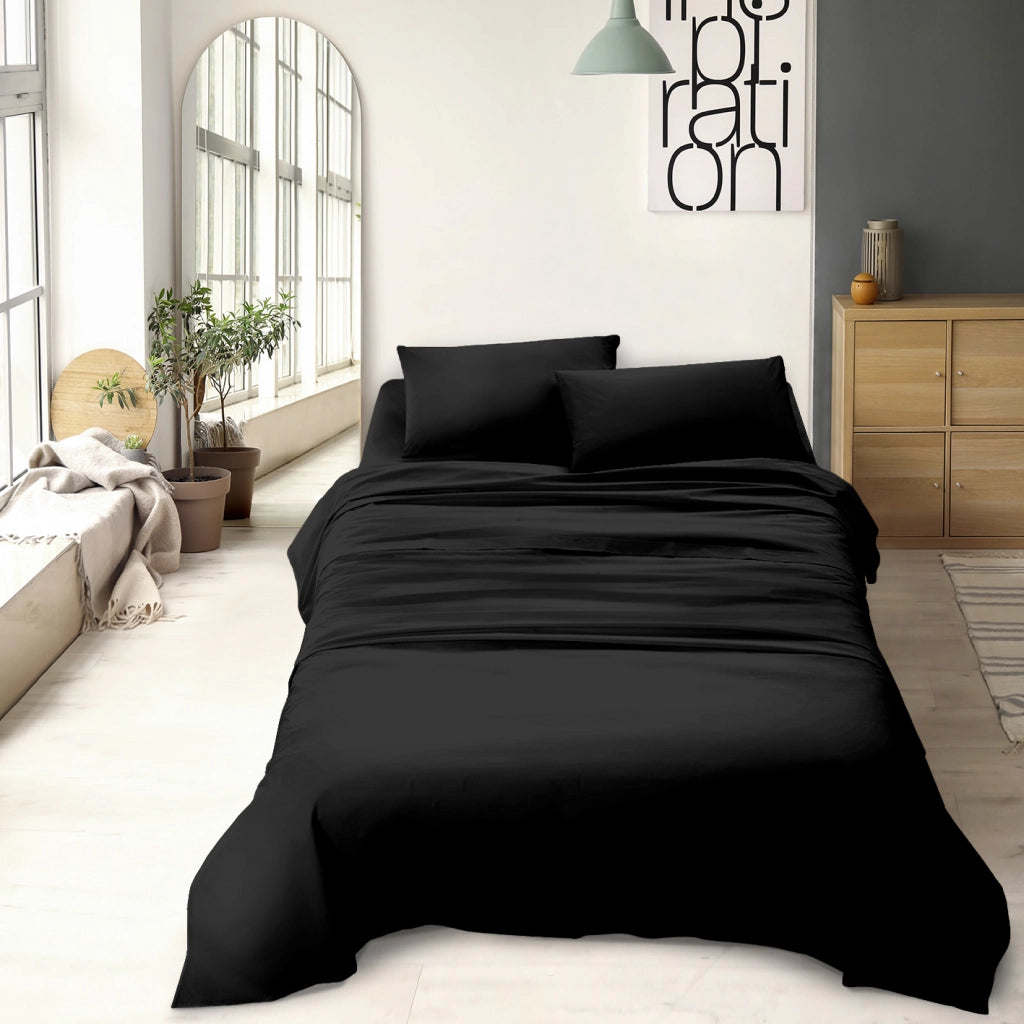 Completo letto matrimoniale a tinta unita set lenzuola Prodotto italiano 100% Cotone - Nero - Matrimoniale