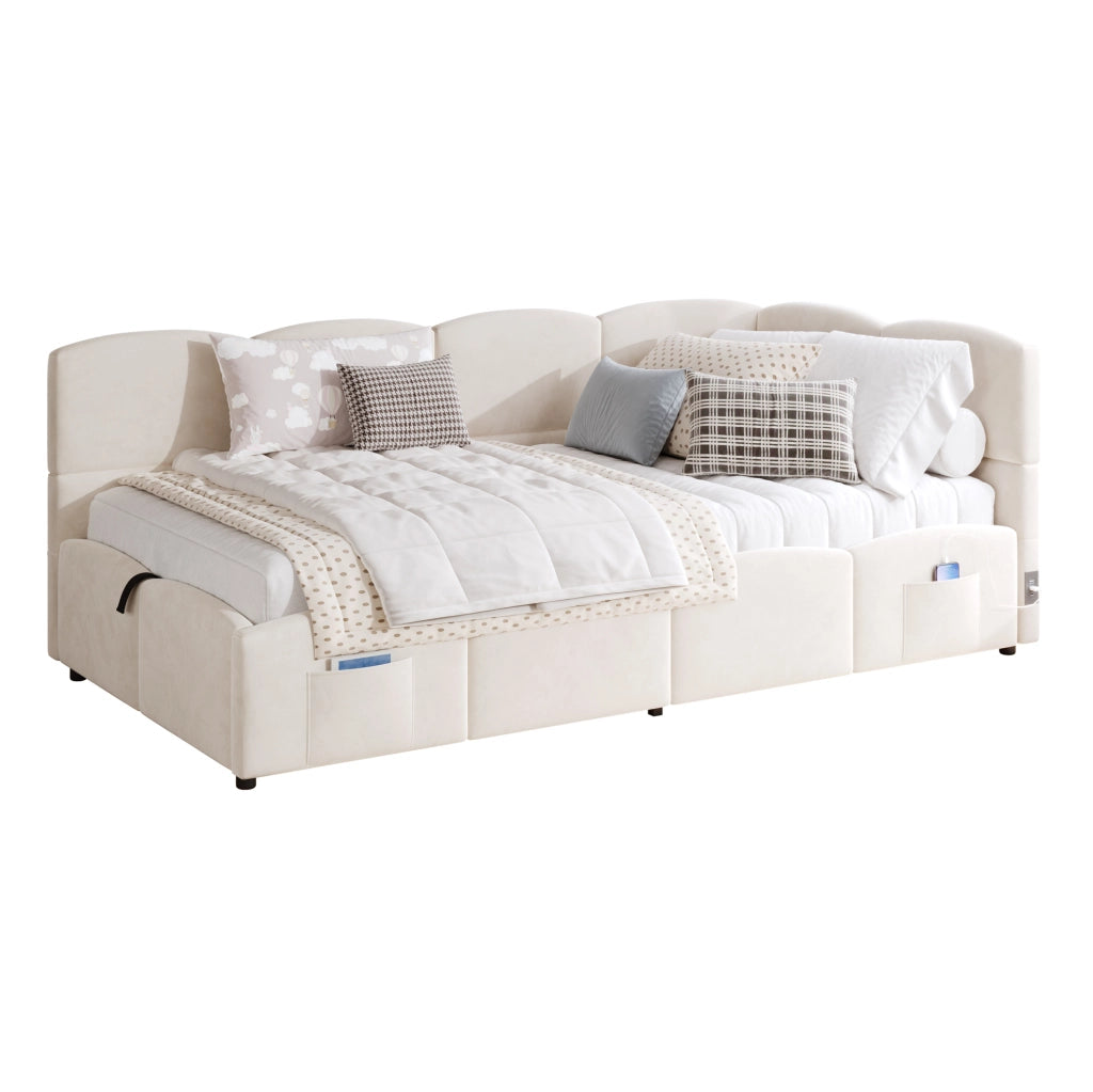 Divano letto contenitore idraulico 90x200 cm in velluto beige con USB-A/USB-C