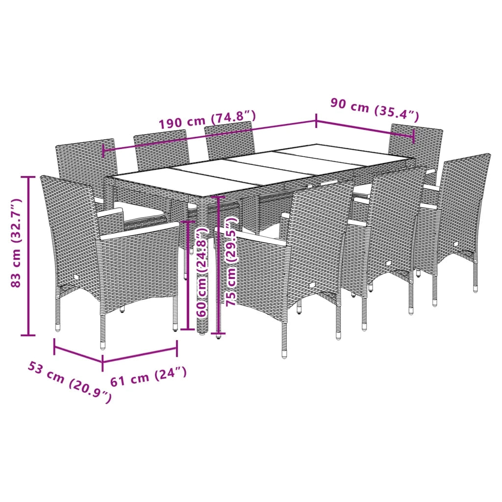 Set da Pranzo da Giardino 9 pz con Cuscini Polyrattan e Vetro 3278656