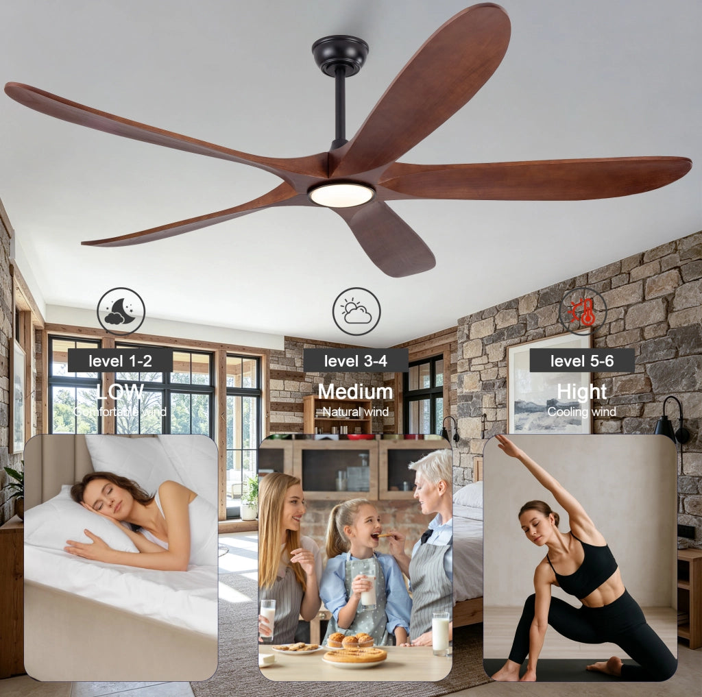Ventilatore da soffitto con luce LED da 60 pollici; 5 pale in legno massello; noce e nero